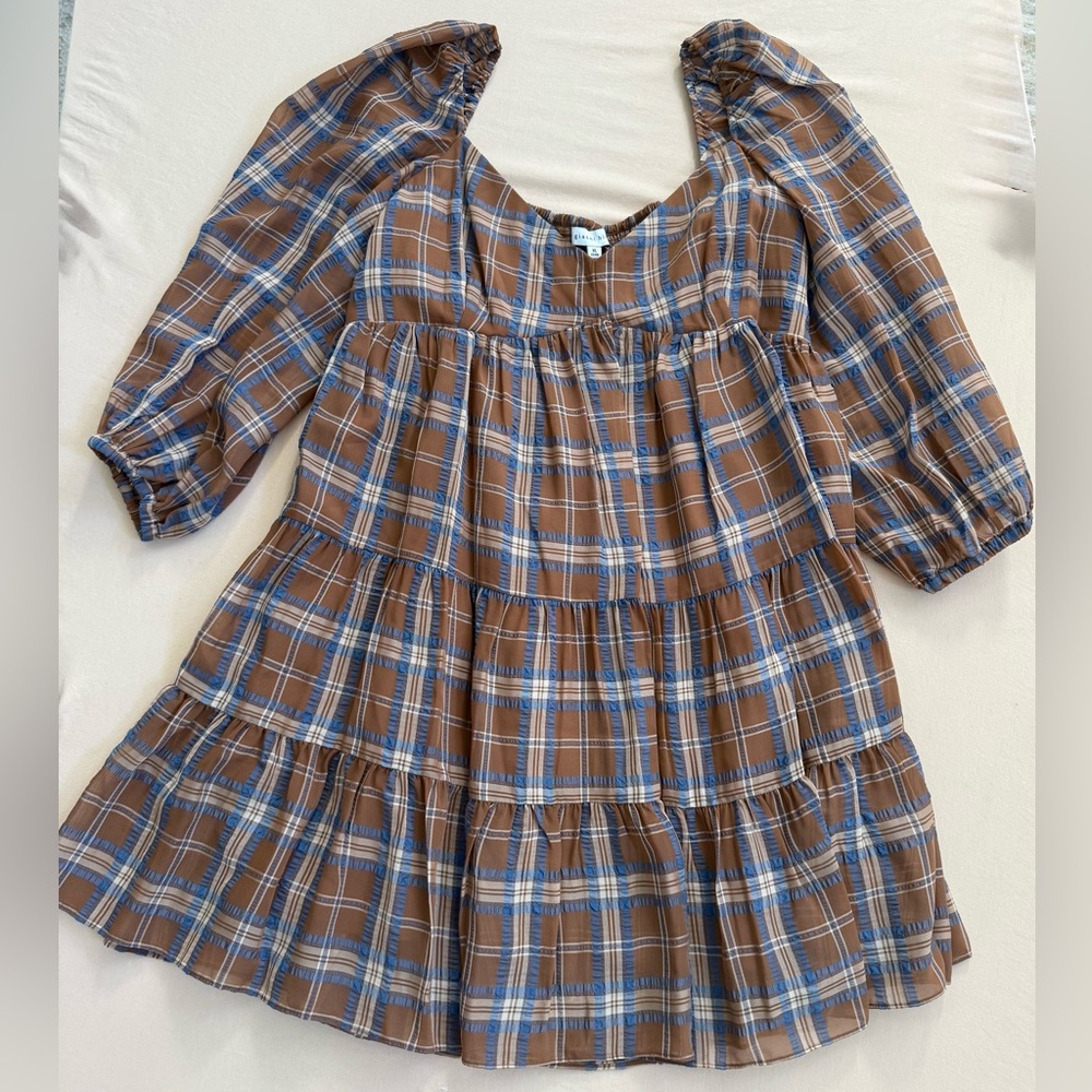 Country Chic Gianni Bibi Brown Plaid Off-Shoulder Dress lined Coastal Cowgirl - Picture 10 of 10